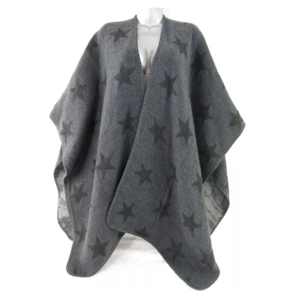 Woolrich Charcoal Star Patterned Reversible Wool Blend Poncho All Acrylic - Picture 2 of 9